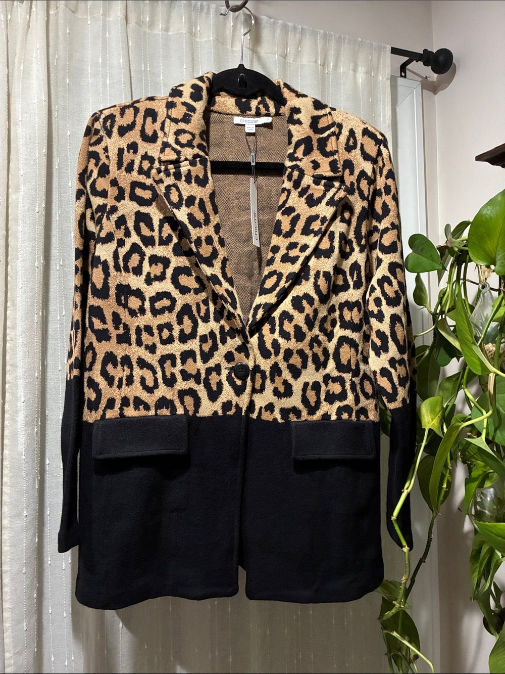 Chico's Leopard Knit Blazer Jacket - Tan & Black